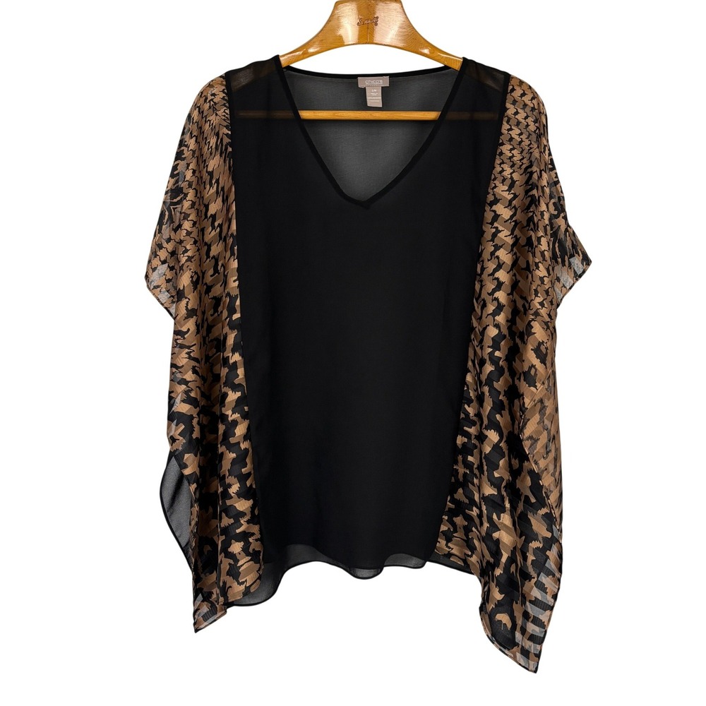 Chico's Kaftan Top Sheer Batwing Sleeve S/M Black Tan Geometric Print Polyester